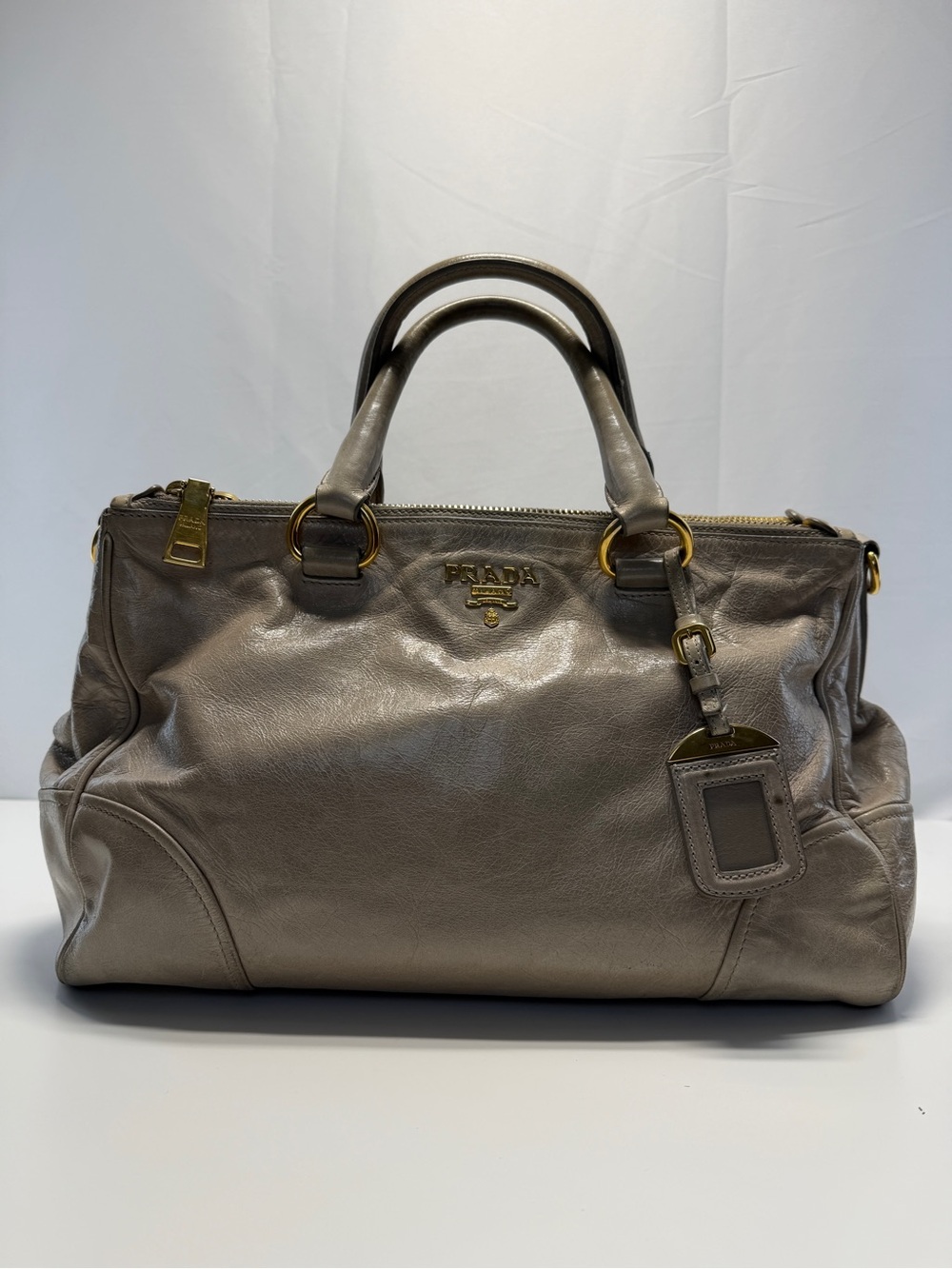 Prada Metallic Taupe Leather Satchel with Gold Hardware